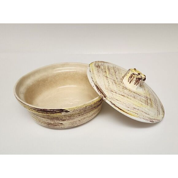 Vernonware Mid Century Brown, Ivory Yellow Ceramic Serving Dish w Lid 7x4.5 - Picture 4 of 9